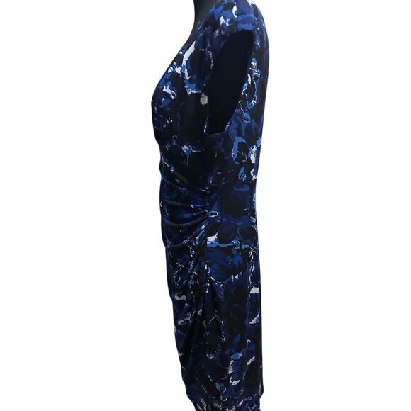 Lauren Ralph Lauren Blue Black Abstract Print Ruched Wrap Dress Cap Sleeve Size - Picture 9 of 11
